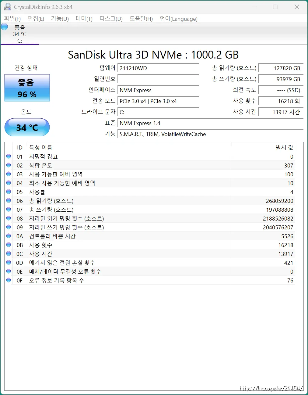 SanDisk Ultra 3D NVMe 1TB S.M.A.R.T 정보