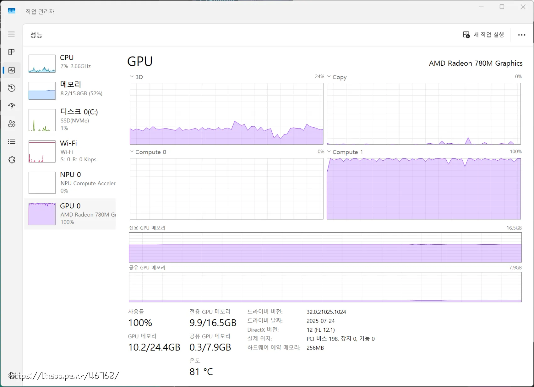 작업관리자에서 GPU 점유율 100% 모습